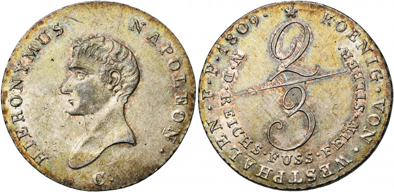 ALLEMAGNE, WESTPHALIE, Jérôme Napoléon (1807-1813), AR 2/3 Taler, 1809C, Clausth...