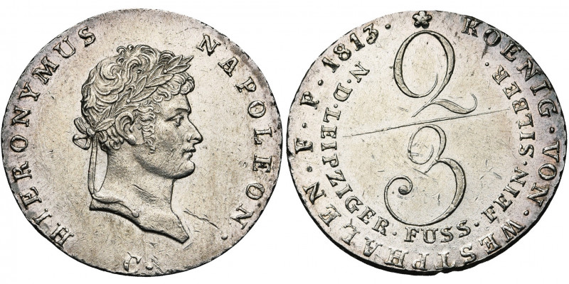 ALLEMAGNE, WESTPHALIE, Jérôme Napoléon (1807-1813), AR 2/3 Taler, 1813C, Clausth...