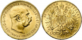 AUTRICHE, François Joseph Ier (1848-1916), AV 20 couronnes, 1915. Refrappe. K.M. 2818; Fr. 425R.
Fleur de Coin