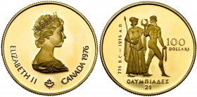 CANADA, Elisabeth II (1952-), AV 100 dollars, 1976. Jeux olympiques. 25 mm (1/2 oz). Fr. 7.
Flan poli