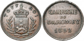 DAHOMEY, Toffa, roi de Porto Novo (1874-1908), AE module de 10 centimes, 1892. Campagne du Dahomey. Lecompte - (cfr 3). Très rare Trace de bélière.
T...