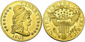 ETATS-UNIS, AV 5 dollars (1/2 eagle), 1802 (sur 1801), Philadelphie. Draped bust. D/ T. de la Liberté à d., coiffée d''un bonnet, au-dessus de la date...