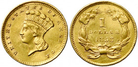 ETATS-UNIS, AV 1 dollar, 1856. Fr. 94. Surfrappé (le motif du droit légèrement incus au revers).
Très Beau à Superbe