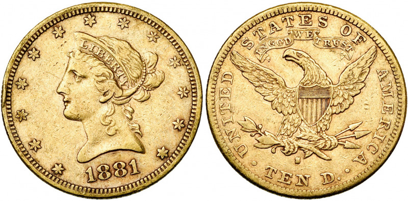 ETATS-UNIS, AV 10 dollars, 1881S. Fr. 160. Coup sur la tranche.
Très Beau
