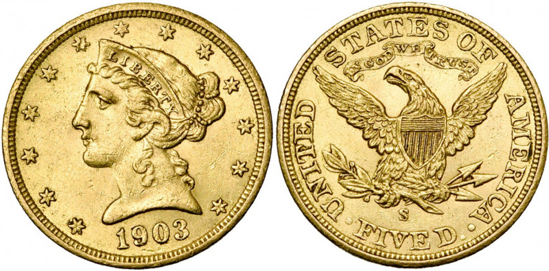 ETATS-UNIS, AV 5 dollars, 1903S. Fr. 145.
Très Beau à Superbe