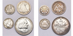 ETATS-UNIS, lot de 4 p.: dime, 1858; quarter dollar, 1877CC; half dollar, 1893, Columbian Exposition; dime, 1893.
Beau et Superbe