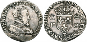FRANCE, Royaume, François II (1559-1560), AR teston, 1560D, Lyon. 2e type. A l''effigie et au titre de son père Henri II. D/ B. cuir. à d. R/ Ecu cour...