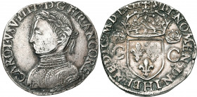 FRANCE, Royaume, Charles IX (1560-1574), AR teston, 1562H, La Rochelle. 1er type. D/ B. l. et cuir. à g. R/ Ecu de France couronné, entre deux C couro...