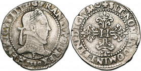 FRANCE, Royaume, Henri III (1574-1589), AR franc au col plat, 1580F, Angers. D/ B. l. et cuir. à d. R/ Croix feuillue et fleurdelisée, H en coeur. Dup...