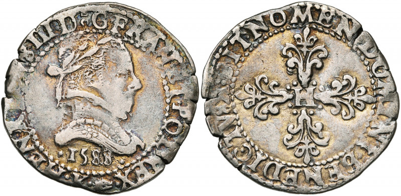 FRANCE, Royaume, Henri III (1574-1589), AR demi-franc au col plat, 1588K, Bordea...