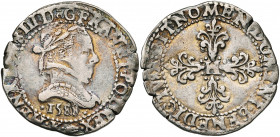 FRANCE, Royaume, Henri III (1574-1589), AR demi-franc au col plat, 1588K, Bordeaux. D/ B. l. et cuir. à d. R/ Croix feuillue et fleurdelisée, H en coe...