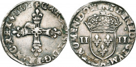 FRANCE, Royaume, Charles X, cardinal de Bourbon (1589-1590), AR quart d''écu, 1591A, Paris. Frappe posthume. D/ Croix fleurdelisée. R/ Ecu de France c...