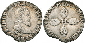 FRANCE, Royaume, Henri IV (1589-1610), AR demi-franc, 1595K, Bordeaux. D/ B. l. et cuir. à d. R/ Croix fleuronnée, H en coeur. Dupl. 1212A; Ci. 1534; ...