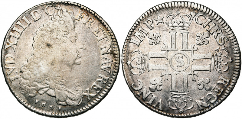 FRANCE, Royaume, Louis XIV (1643-1715), AR écu aux huit L, 1691S, Reims. 1er typ...