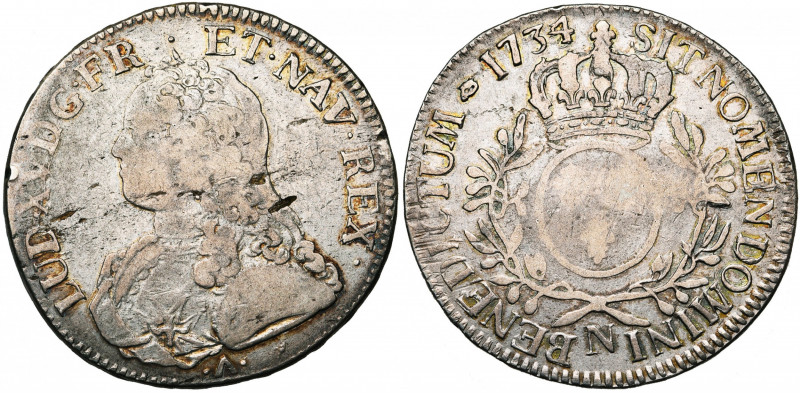 FRANCE, Royaume, Louis XV (1715-1774), AR écu aux rameaux d''olivier, 1734N (sur...
