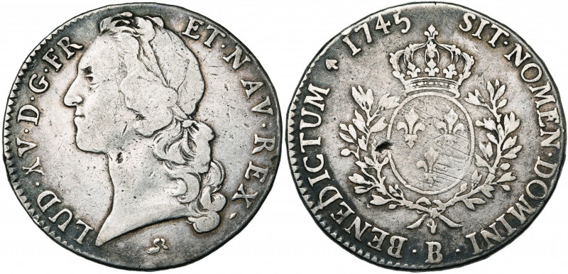FRANCE, Royaume, Louis XV (1715-1774), AR écu au bandeau, 1745B, Rouen. D/ T. à ...
