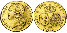 FRANCE, Royaume, Louis XV (1715-1774), AV double louis d''or au bandeau, 1756AA, Metz. D/ T. à g., ceinte d''un bandeau. R/ Ecus ovales de France et d...