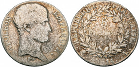 FRANCE, Napoléon Ier (1804-1814), AR 5 francs, an 14L, Bayonne. Gad. 580. Rare Frappe faible. Patine irrégulière.
Beau à Très Beau