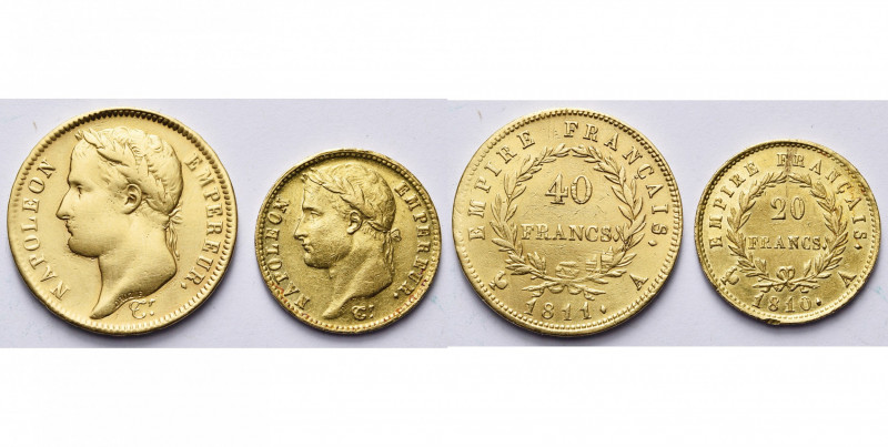 FRANCE, Napoléon Ier (1804-1814), lot de 2 p.: 20 francs, 1810A, Paris (nettoyé)...