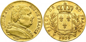 FRANCE, Louis XVIII, première restauration (1814-1815), AV 20 francs, 1815W, Lille. Gad. 1026; Fr. 528.
Très Beau
