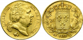 FRANCE, Louis XVIII, seconde restauration (1815-1824), AV 20 francs, 1817L, Bayonne. Gad. 1028; Fr. 541.
Très Beau