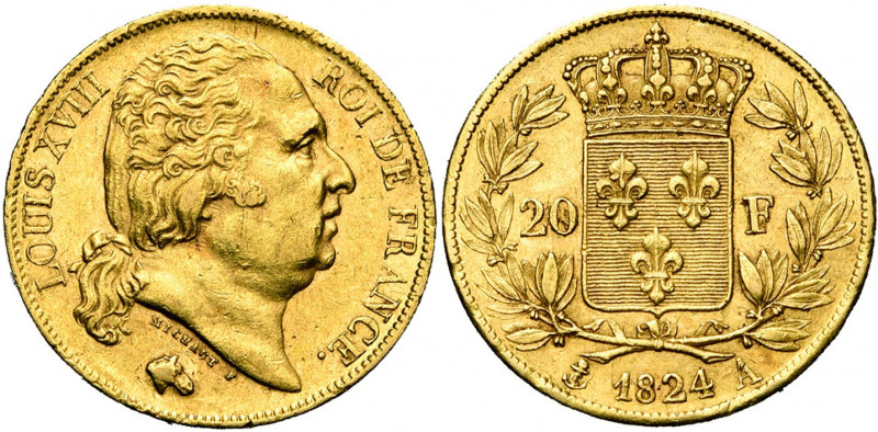 FRANCE, Louis XVIII, seconde restauration (1815-1824), AV 20 francs, 1824A, Pari...