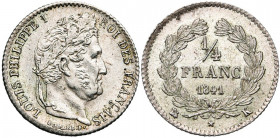 FRANCE, Louis-Philippe (1830-1848), AR 1/4 franc, 1841K, Bordeaux. Gad. 355.
presque Superbe
