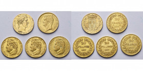 FRANCE, lot de 5 p.: Charles X, 20 francs 1825A (éraflure sur la tranche); Louis-Philippe, 20 francs 1831A, 1833A, 1834A, 1842A.
Beau à Très Beau