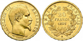 FRANCE, Napoléon III (1852-1870), AV 20 francs, 1859A, Paris. Gad. 1061; Fr. 573. Petits coups.
Très Beau à Superbe