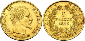 FRANCE, Napoléon III (1852-1870), AV 5 francs, 1859A, Paris. Gad. 1001. Petits coups.
Très Beau à Superbe