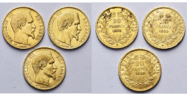 FRANCE, Napoléon III (1852-1870), lot de 3 p. de 20 francs, 1858A et 1860A (2).
Très Beau