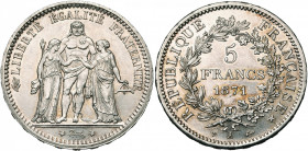 FRANCE, Commune de Paris (1871), AR 5 francs, 1871A, Paris. Différent: trident (Camélinat). Gad. 744. Rare Petits coups sur la tranche. Légèrement net...