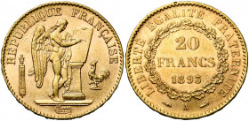 FRANCE, Troisième République (1871-1940), AV 20 francs, 1893A, Paris. Gad. 1063; Fr. 592. Nettoyé.
Très Beau à Superbe