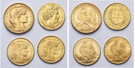 FRANCE, Troisième République (1871-1940), lot de 4 p.: 20 francs 1907; 10 francs 1899A, 1905 et 1906.
Très Beau