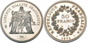 FRANCE, Cinquième République (1959-), AV 50 francs, 1974. Type Hercule. Piéfort en argent. Gad. 882P.
Flan poli