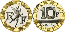 FRANCE, Cinquième République (1959-), AV 10 francs, 1988. Génie de la Bastille. Epreuve en or blanc et jaune. Gad. 827. 12,00g Ecrin et certificat.
F...