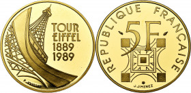 FRANCE, Cinquième République (1959-), AV 5 francs en or, 1989. Centenaire de la Tour Eiffel. Gad. 772. 14,00g Titre 0,920. Ecrin et certificat.
Flan ...