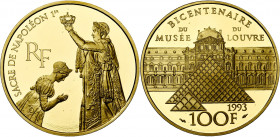 FRANCE, Cinquième République (1959-), AV 100 francs en or, 1993. Bicentenaire du Musée du Louvre. Le Sacre de Napoléon. Gad. C53. 17,00g Ecrin. Titre ...