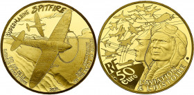 FRANCE, Cinquième République (1959-), AV 50 euro (1/4 oz), 2020. Bataille d''Angleterre - Spitfire. Ecrin et certificat.
Flan poli