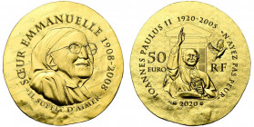 FRANCE, Cinquième République (1959-), AV 50 euro (1/4 oz), 2020. Soeur Emmanuelle. Ecrin et certificat.
Flan poli