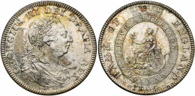 GRANDE-BRETAGNE, Georges III (1760-1820), AR 5 shillings (dollar), 1804. Bank of England. S. 3768; Dav. 101. 27,00g Patine inégale.
Ces monnaies étai...