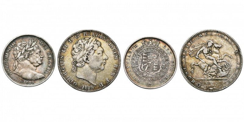 GRANDE-BRETAGNE, Georges III (1760-1820), lot de 2 p.: demi-couronne, 1816; cour...