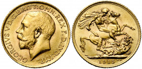 GRANDE-BRETAGNE, Georges V (1910-1936), AV souverain, 1915, Londres. S. 3996; Fr. 269. Nettoyé.
Très Beau à Superbe