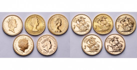 GRANDE-BRETAGNE, Elisabeth II (1952-), série de 5 souverains (les 5 types différents): 1966 (nettoyé), 1974, 1987, 2004 et 2017.
Superbe (2) et Flan ...