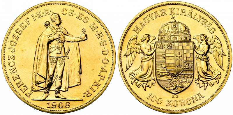 HONGRIE, François Joseph Ier (1848-1916), AV 100 korona, 1908KB. Refrappe. Fr. 2...