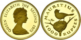 ILE MAURICE, République (1968-), AV 1000 rupees, 1975. Gobe-mouches de paradis (paradise-flycatcher). Fr. 2. 716 p. frappées.
Flan poli