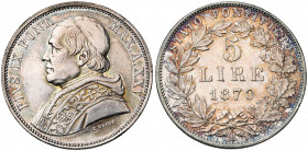 ITALIE, ETATS PONTIFICAUX, Pie IX (1846-1878), (Giovanni Maria Mastai-Ferretti), AR 5 lire, 1870, an 25, Rome. Munt. 45b; Berman 3337; Dav. 195. Belle...