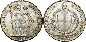 ITALIE, GENES, République Ligure (1798-1805), AR 4 lire, 1799, an 2. D/ La Liberté et l''Egalité deb. de f. R/ Ecu génois posé sur un faisceau surmont...