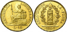 ITALIE, GENES, République Ligure (1798-1805), AV 48 lire, 1804, an 7. D/ La République assise à g., ten. une lance et appuyée sur son écu. R/ Faisceau...