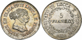 ITALIE, LUCQUES et PIOMBINO, Elisa et Félix (1805-1814), AR 5 franchi, 1805, Florence. Bustes moyens. Avec point après la date et après PIOMBINO. M. 4...